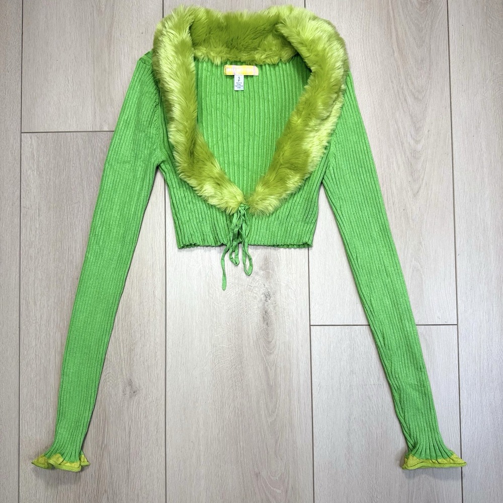 Y2K Urban Outfitters Lime Green Ribbed Crop Cardigan Faux Fur Trim‎ Womens Small